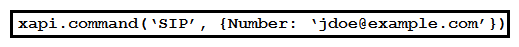 <strong> Refer to the exhibit. Assume that there is already a connection to a device for this jsxapi.code snippet. Which snippet completes the code so that the connected device makes a call to the user jdoe@example.com?</strong> A) B) C) D)