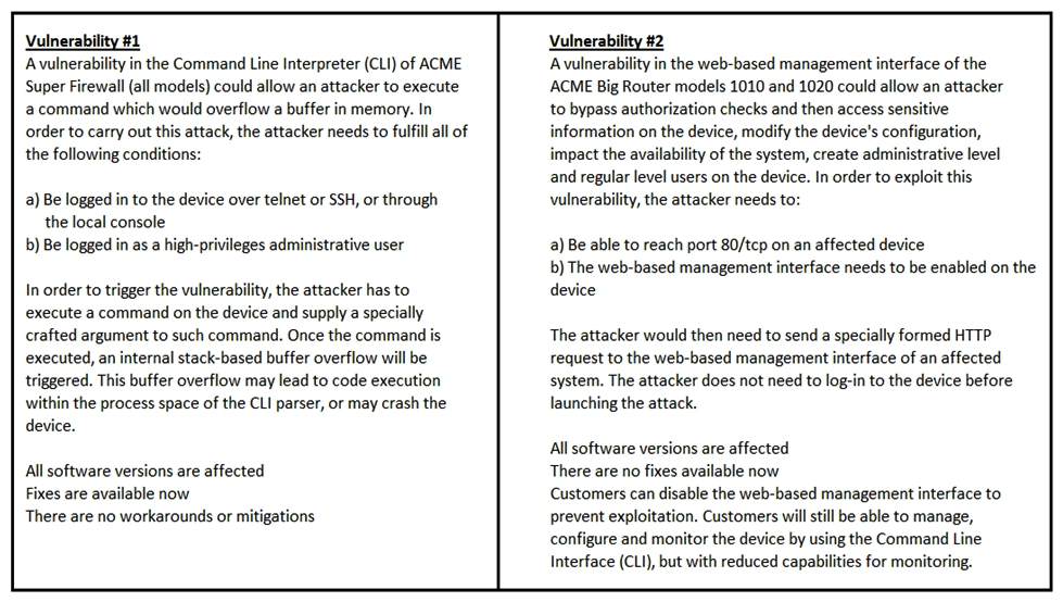 <strong> Refer to the exhibit. How must these advisories be prioritized for handling?</strong> A) The highest priority for handling depends on the type of institution deploying the devices B) Vulnerability #2 is the highest priority for every type of institution C) Vulnerability #1 and vulnerability #2 have the same priority D) Vulnerability #1 is the highest priority for every type of institution