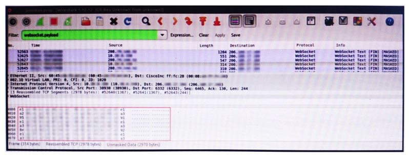 <strong> Refer to the exhibit. An engineer is analyzing this Vlan0392-int12-239.pcap file in Wireshark after detecting a suspicious network activity. The origin header for the direct IP connections in the packets was initiated by a google chrome extension on a WebSocket protocol. The engineer checked message payloads to determine what information was being sent off-site but the payloads are obfuscated and unreadable. What does this STIX indicate?</strong> A) The extension is not performing as intended because of restrictions since ports 80 and 443 should be accessible B) The traffic is legitimate as the google chrome extension is reaching out to check for updates and fetches this information C) There is a possible data leak because payloads should be encoded as UTF-8 text D) There is a malware that is communicating via encrypted channels to the command and control server