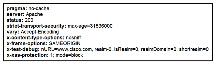 <strong> Refer to the exhibit. Where does it signify that a page will be stopped from loading when a scripting attack is detected?</strong> A) x-frame-options B) x-content-type-options C) x-xss-protection D) x-test-debug