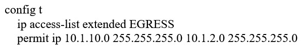 <strong>Refer to the exhibit. An engineer must modify the access control list EGRESS to allow all IP traffic from subnet 10.1.10.0/24 to 10.1.2.0/24. The access control list is applied in the outbound direction on router interface GigabitEthernet 0/1. Which configuration command set will allow this traffic without disrupting existing traffic flows?</strong> A) B) C) D)