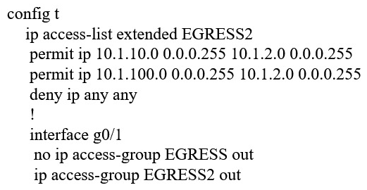 <strong>Refer to the exhibit. An engineer must modify the access control list EGRESS to allow all IP traffic from subnet 10.1.10.0/24 to 10.1.2.0/24. The access control list is applied in the outbound direction on router interface GigabitEthernet 0/1. Which configuration command set will allow this traffic without disrupting existing traffic flows?</strong> A) B) C) D)