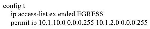 <strong>Refer to the exhibit. An engineer must modify the access control list EGRESS to allow all IP traffic from subnet 10.1.10.0/24 to 10.1.2.0/24. The access control list is applied in the outbound direction on router interface GigabitEthernet 0/1. Which configuration command set will allow this traffic without disrupting existing traffic flows?</strong> A) B) C) D)