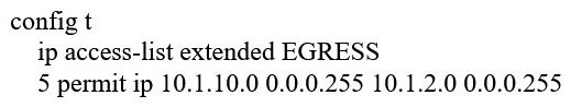 <strong>Refer to the exhibit. An engineer must modify the access control list EGRESS to allow all IP traffic from subnet 10.1.10.0/24 to 10.1.2.0/24. The access control list is applied in the outbound direction on router interface GigabitEthernet 0/1. Which configuration command set will allow this traffic without disrupting existing traffic flows?</strong> A) B) C) D)