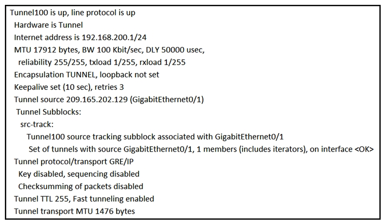 Refer to the exhibit. A network engineer configures a GRE tunnel and enters the show interface tunnel command. What does the output confirm about the configuration?