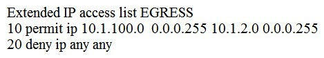 Refer to the exhibit. An engineer must modify the access control list EGRESS to allow all IP traffic from subnet 10.1.10.0/24 to 10.1.2.0/24. The access control list is applied in the outbound direction on router interface GigabitEthernet 0/1. Which configuration commands can the engineer use to allow this traffic without disrupting existing traffic flows?