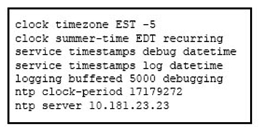 Refer to the exhibit. While reviewing a log file on a router with this NTP configuration, you note that the log entries of the router display a different time than the NTP time. Which action can you take to correct the problem?