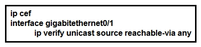 <strong> Refer to the exhibit. Router 1 was experiencing a DDoS attack that was traced to interface gigabitethernet0/1. Which statement about this configuration is true?</strong> A) Router 1 accepts all traffic that ingresses and egresses interface gigabitethernet0/1. B) Router 1 drops all traffic that ingresses interface gigabitethernet0/1 that has a FIB entry that exits a different interface. C) Router 1 accepts source addresses that have a match in the FIB that indicates it is reachable through a real interface. D) Router 1 accepts source addresses on interface gigabitethernet0/1 that are private addresses.