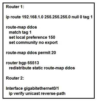 <strong> Refer to the exhibit. An engineer is preparing to implement data plane security configuration. Which statement about this configuration is true?</strong> A) Router 2 is the router receiving the DDoS attack. B) Router 1 must be configured with uRPF for the RTBH implementation to be effective. C) Router 1 is the trigger router in a RTBH implementation. D) Router 2 must configure a route to null 0 for network 192.168.1.0/24 for the RTBH implementation to be complete.