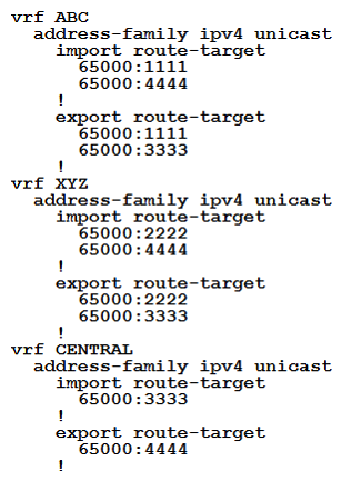 <strong>An engineer is setting up overlapping VPNs to allow VRF ABC and XYZ to communicate with VRF CENTRAL but wants to make sure that VRF ABC and XYZ cannot communicate. Which configuration accomplishes these objectives?</strong> A) B) C) D)