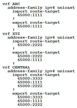 <strong>An engineer is setting up overlapping VPNs to allow VRF ABC and XYZ to communicate with VRF CENTRAL but wants to make sure that VRF ABC and XYZ cannot communicate. Which configuration accomplishes these objectives?</strong> A) B) C) D)