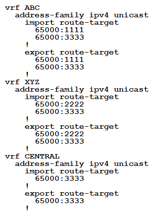<strong>An engineer is setting up overlapping VPNs to allow VRF ABC and XYZ to communicate with VRF CENTRAL but wants to make sure that VRF ABC and XYZ cannot communicate. Which configuration accomplishes these objectives?</strong> A) B) C) D)