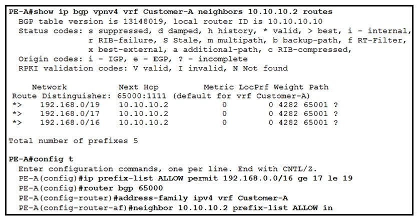 <strong> Refer to the exhibit. Which three outcomes occur if the prefix list is added to the neighbor? (Choose three.)</strong> A) 192.168.0.0/16 is denied. B) 192.168.0.0/16 is permitted. C) 192.168.0.0/19 is permitted D) 192.168.0.0/19 is denied. E) 192.168.0.0/17 is permitted F) 192.168.0.0/17 is denied.