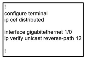 <strong> Refer to the exhibit. Which show command should be implemented to display per-interface statistics about uRPF drops and suppressed drops?</strong> A) show cef interface B) show ip traffic C) show ip interface D) show ip interface brief