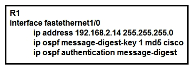 <strong> Refer to the exhibit. Which condition must be met by the OSPF peer of router R1 before the two devices can establish communication?</strong> A) The OSPF peer must use clear-text authentication. B) The OSPF peer must be configured as an OSPF stub router. C) The interface on the OSPF peer may have a different key ID, but it must use the same key value as the configured interface. D) The interface on the OSPF peer must use the same key ID and key value as the configured interface.
