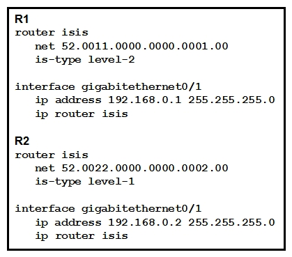 <strong> Refer to the exhibit. Which statement about the status of the neighbor relationship between R1 and R2 is true?</strong> A) The neighbor relationship is down because the two routers are configured with different area types. B) The neighbor relationship is down because the two routers are in the same subnet. C) The neighbor relationship is up because R2 is level 1 and Ievel 2 router. D) The neighbor relationship is down because R2 is operating as a Level 1 router and the two routers are in different areas.