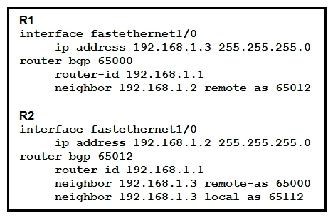 <strong> Refer to the exhibit. Assume all other configurations are correct and the network is otherwise operating normally. Which conclusion can you draw about the neighbor relationship between routers R1 and R2?</strong> A) The neighbor relationship is up. B) The neighbor relationship will be up only if the two devices have activated the correct neighbor relationships under the IPv4 address family. C) The neighbor is down because the local-as value for R2 is missing in the R1 neighbor statement. The neighbor is down because the local-as value for R2 is missing in the R1 neighbor statement. D) The neighbor relationship is down because R1 believes R2 is in AS 65012.