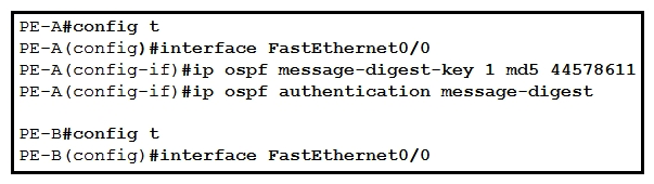<strong> Refer to the exhibit. An engineer wants to authenticate the OSPF neighbor between PE-A and PE-B using MD5. Which command on PE-B successfully completes the configuration?</strong> A) PE-B(config-if)#ip ospf message-digest-key 1 md5 44578611 PE-B(config-if)#ip ospf authentication null B) PE-B(config-if)#ip ospf authentication key-chain 44578611 C) PE-B(config-if)#ip ospf message-digest-key 1 md5 44568611 D) PE-B(config-if)#ip ospf authentication message-digest