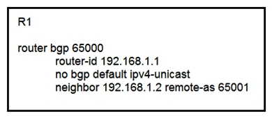 <strong> Refer to the exhibit. Which task completes the configuration?</strong> A) Specify the local-as value in the neighbor statement B) Specify the source interface in the neighbor statement C) Specify the maximum number of prefixes that R1 receives from neighbor 192.168.1.2 D) Specify the activate neighbor 192.168.1.2 under the IPv4 address family