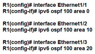 <strong> Refer to the exhibit. An engineer is configuring router R1 for OSPFv3 as shown. Which additional configuration must be performed so that the three active interfaces on the router will advertise routes and participate in OSPF IPv6 processes?</strong> A) B) C) D)