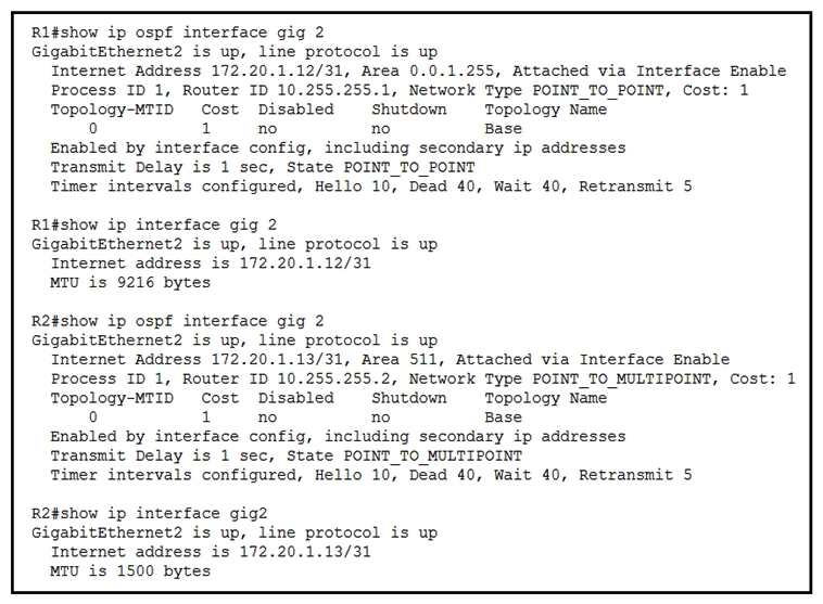 <strong> Refer to the exhibit. While troubleshooting the OSPF adjacency between routers R1 and R2, an engineer noticed that both routers are stuck in the EXCHANGE/EXSTART state. What should the engineer fix to solve the ongoing issue?</strong> A) match OSPF network types B) match IPv4 addresses C) match MTU values D) match OSPF areas