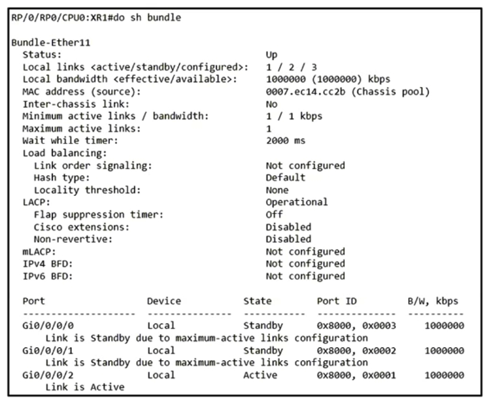 <strong> Refer to the exhibit. A network operator needs to shut down interface Gi0/0/0/2 for maintenance. What occurs to the interface states of Gi0/0/0/0 and Gi0/0/0/1?</strong> A) Gi0/0/0/1 and Gi0/0/0/0 become active B) Gi0/0/0/1 and Gi0/0/0/0 remain standby C) Gi0/0/0/0 becomes active; Gi0/0/0/1 remains standby D) Gi0/0/0/1 becomes active; Gi0/0/0/0 remains standby