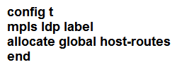 <strong> Refer to the exhibit. Which configuration must be applied to each of the four routers on the network to reduce LDP LIB size and advertise label bindings for the /32 loopback IP space only?</strong> A) B) C) D)