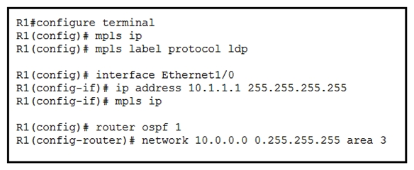 Refer to the exhibit. A network engineer is configuring MPLS LDP synchronization on router R1. Which additional configuration must an engineer apply to R1 so that it will synchronize to OSPF process 1?