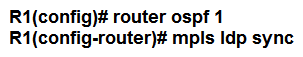 <strong> Refer to the exhibit. A network engineer is configuring MPLS LDP synchronization on router R1. Which additional configuration must an engineer apply to R1 so that it will synchronize to OSPF process 1?</strong> A) B) C) D)