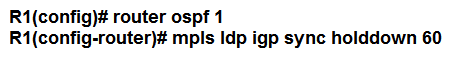 <strong> Refer to the exhibit. A network engineer is configuring MPLS LDP synchronization on router R1. Which additional configuration must an engineer apply to R1 so that it will synchronize to OSPF process 1?</strong> A) B) C) D)