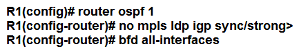 <strong> Refer to the exhibit. A network engineer is configuring MPLS LDP synchronization on router R1. Which additional configuration must an engineer apply to R1 so that it will synchronize to OSPF process 1?</strong> A) B) C) D)