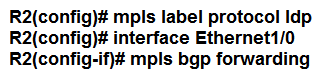 <strong> Refer to the exhibit. An engineer is configuring two routers to support MPLS LDP sessions between them. The R1 configuration is complete, and work has started on R2 as shown. Which additional configuration must the engineer apply to R2 to complete the task?</strong> A) B) C) D)