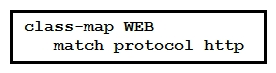 <strong> Refer to the exhibit. Which statement describes the effect of this configuration?</strong> A) It matches HTTP traffic for use in a policy map. B) It applies a service policy to all interfaces remarking HTTP traffic. C) It creates an ACL named WEB that filters HTTP traffic. D) It modifies the default policy map to allow all HTTP traffic through the router.