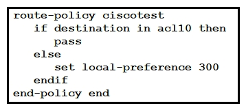 <strong> Refer to the exhibit. A network engineer is implementing a BGP routing policy. Which effect of this configuration is true?</strong> A) All traffic that matches acl10 is allowed without any change to its local-preference. B) All traffic that matches acl10 is dropped without any change to its local-preference. C) If traffic matches acl10, it is allowed and its local-preference is set to 300. D) All traffic is assigned a local-preference of 300 regardless of its destination.
