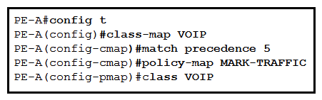 <strong> Refer to the exhibit. Which command is used to complete this configuration for QoS class-based marking?</strong> A) PE-A(config-pmap-c)#set dscp ef B) PE-A(config-pmap-c)#priority C) PE-A(config-pmap-c)#random-detect D) PE-A(config-pmap-c)#fair-queue