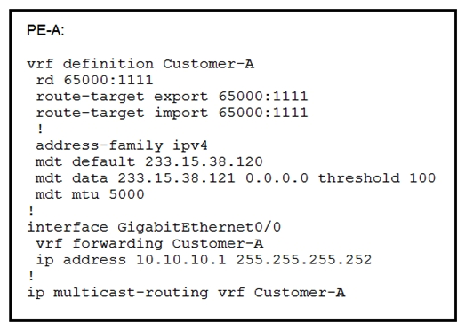 <strong> Refer to the exhibit. An engineer is implementing Auto-RP and reviewing the configuration of the PE-A. Which configuration permits Auto-RP messages to be forwarded over this interface?</strong> A) PE-A(config-if)#no ip pim bsr-border B) PE-A(config-if)#ip igmp version 3 C) PE-A(config-if)#ip pim sparse-mode D) PE-A(config-if)#ip pim sparse-dense-mode