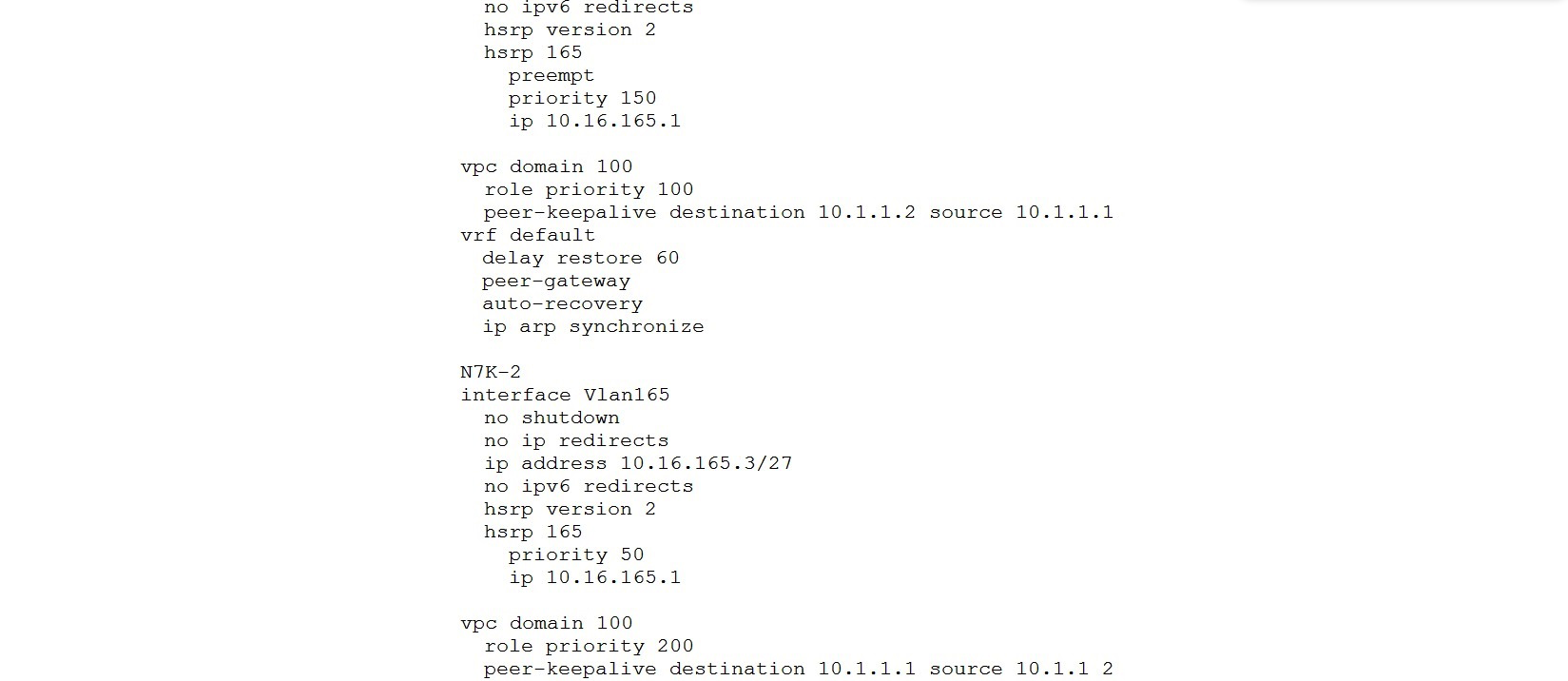 <strong>Refer to the exhibit. Which statement about the default gateway configuration of the vPC is true?</strong> A) Either switch can act as the active default gateway. B) N7K-1 acts as the default gateway for all traffic. C) N7K-2 forwards traffic that is destined for the default gateway by using the peer link. D) N7K-2 acts as the default gateway for all traffic.