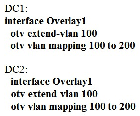<strong>Host1 is in VLAN100 located in DataCenter1 and Host2 is in VLAN200 located in DataCenter2. Which OTV VLAN mapping configuration allows Layer 2 connectivity between these two hosts?</strong> A) B) C) D)