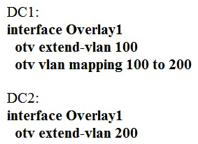 <strong>Host1 is in VLAN100 located in DataCenter1 and Host2 is in VLAN200 located in DataCenter2. Which OTV VLAN mapping configuration allows Layer 2 connectivity between these two hosts?</strong> A) B) C) D)