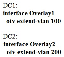 <strong>Host1 is in VLAN100 located in DataCenter1 and Host2 is in VLAN200 located in DataCenter2. Which OTV VLAN mapping configuration allows Layer 2 connectivity between these two hosts?</strong> A) B) C) D)
