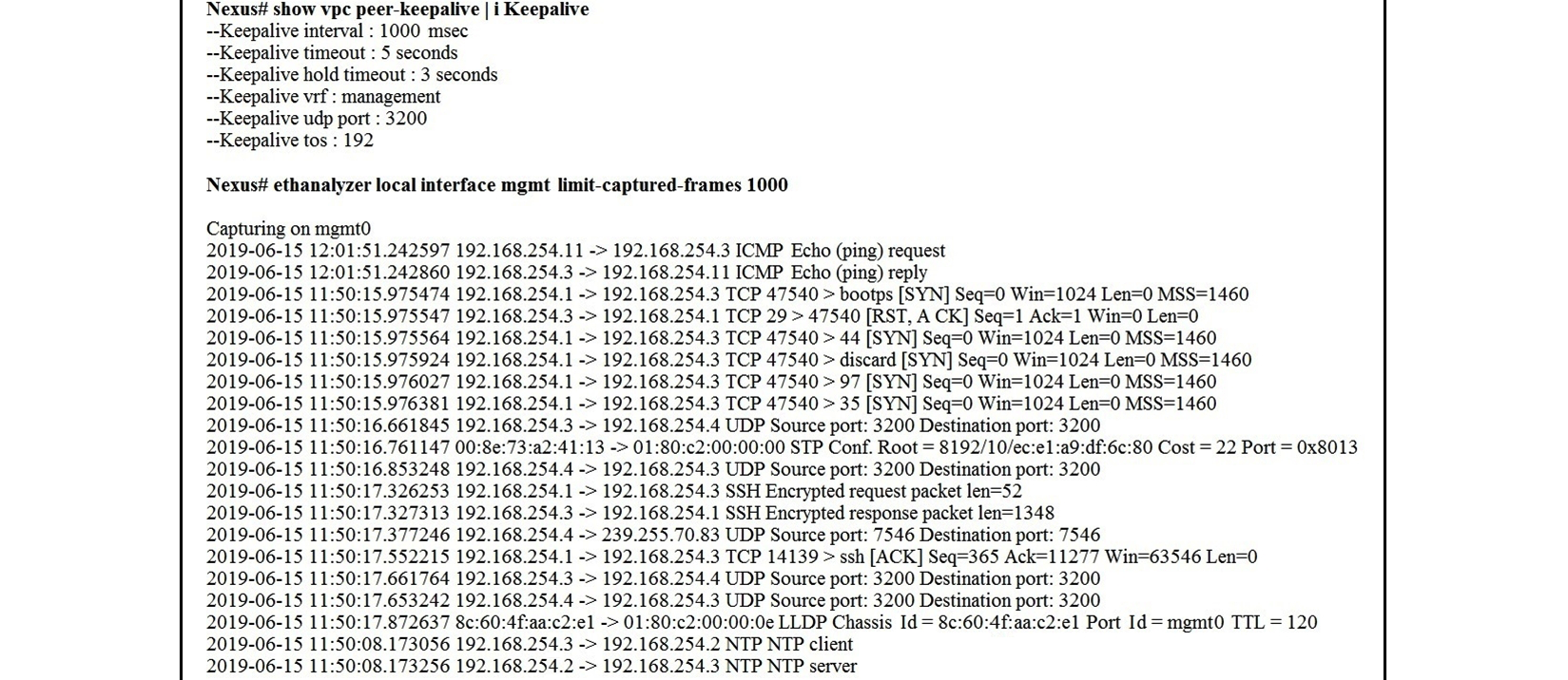 <strong>Refer to the exhibit. A flapping link issue has been reported on the vPC keepalive link. A packet capture has been activated on the Cisco Nexus switch. What is the destination IP address of the vPC keepalive packets that are sent by the switch?</strong> A) 192.168.254.4 B) 192.168.254.1 C) 192.168.254.2 D) 239.255.70.83