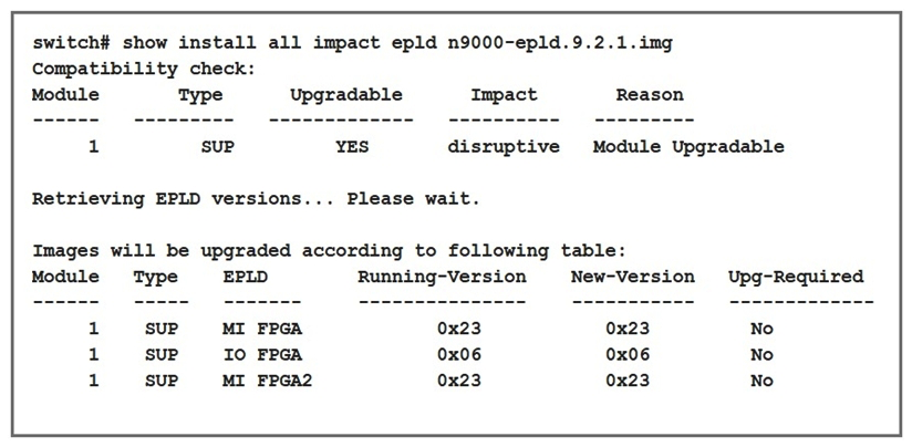 <strong> Refer to the exhibit. A network engineer plans to upgrade the current software images of a Cisco Nexus switch. What is the impact of starting the EPLD upgrade?</strong> A) The switch reboots one time for the new EPLD versions to take effect. B) The switch reboots multiple times for the new EPLD versions to take effect. C) The switch skips the EPLD upgrade for each EPLD device of the switch. D) The switch skips the EPLD upgrade for MIFPGA and proceeds with the other EPLD devices.