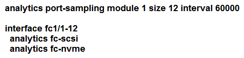 <strong>A Cisco MDS 9000 Series Switch is configured for SAN Analytics and SAN Telemetry Streaming. An engineer must enable analytics for NVMe on interfaces in the range of fc1/1-12. Due to a large amount of traffic generated in the SAN environment, the data must be collected at regular intervals of 60 seconds from ports fc1/1-12 and then for ports fc1/13-24 for the next 60 seconds. Ports in the range fc1/13-24 were already enabled for analytics. Which set of commands must be used to meet these requirements?</strong> A) B) C) D)