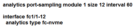 <strong>A Cisco MDS 9000 Series Switch is configured for SAN Analytics and SAN Telemetry Streaming. An engineer must enable analytics for NVMe on interfaces in the range of fc1/1-12. Due to a large amount of traffic generated in the SAN environment, the data must be collected at regular intervals of 60 seconds from ports fc1/1-12 and then for ports fc1/13-24 for the next 60 seconds. Ports in the range fc1/13-24 were already enabled for analytics. Which set of commands must be used to meet these requirements?</strong> A) B) C) D)