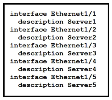 <strong>  Refer to the exhibit. Which command is run from the Guest Shell to set the description on the first five interfaces of the Cisco Nexus switch?</strong> A) [guestshell@guestshell ~]$ for x in {1..5}; dohost conf t ; interface eth1/$x ; description Server$x; B) [guestshell@guestshell ~]$ for x in {1..5}; do dohost conf t ; interface eth1/$x ; description Server$x; done C) [guestshell@guestshell ~]$ for x in (1..5); do dohost conf t; interface eth1/$x ; description Server$x; done D) [guestshell@guestshell ~]$ for x in (1..5); dohost conf t ; interface eth1/$x ; description Server$x; <div style=padding-top: 35px> 