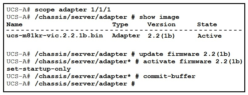 <strong>Refer to the exhibit. What is the result of this series of commands?</strong> A) It reboots the server immediately. B) It activates the firmware on the next adapter boot. C) It updates the firmware on adapter 1/1/1 immediately. D) It verifies the firmware update on the server.