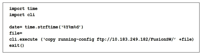Refer to the exhibit. Which command needs to be added to the line starting with the file keyword to have the generated running-config file with the name 'fusion-config_' and current date?
