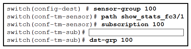 Refer to the exhibit. An engineer needs to implement streaming telemetry on a Cisco MDS 9000 Series Switch. The requirement is for the show command data to be collected every 30 seconds and sent to receivers. Which command must be added to the configuration to meet this requirement?