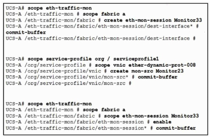 Refer to the exhibit. Service degradation is reported on a VM that is deployed on a Cisco UCS B-Series Server. The traffic from the vNIC is required to SPAN in both directions to a packet analyzer that is connected to UCS-A slot 2 port 12. Which two commands are needed to complete the configuration? (Choose two.)