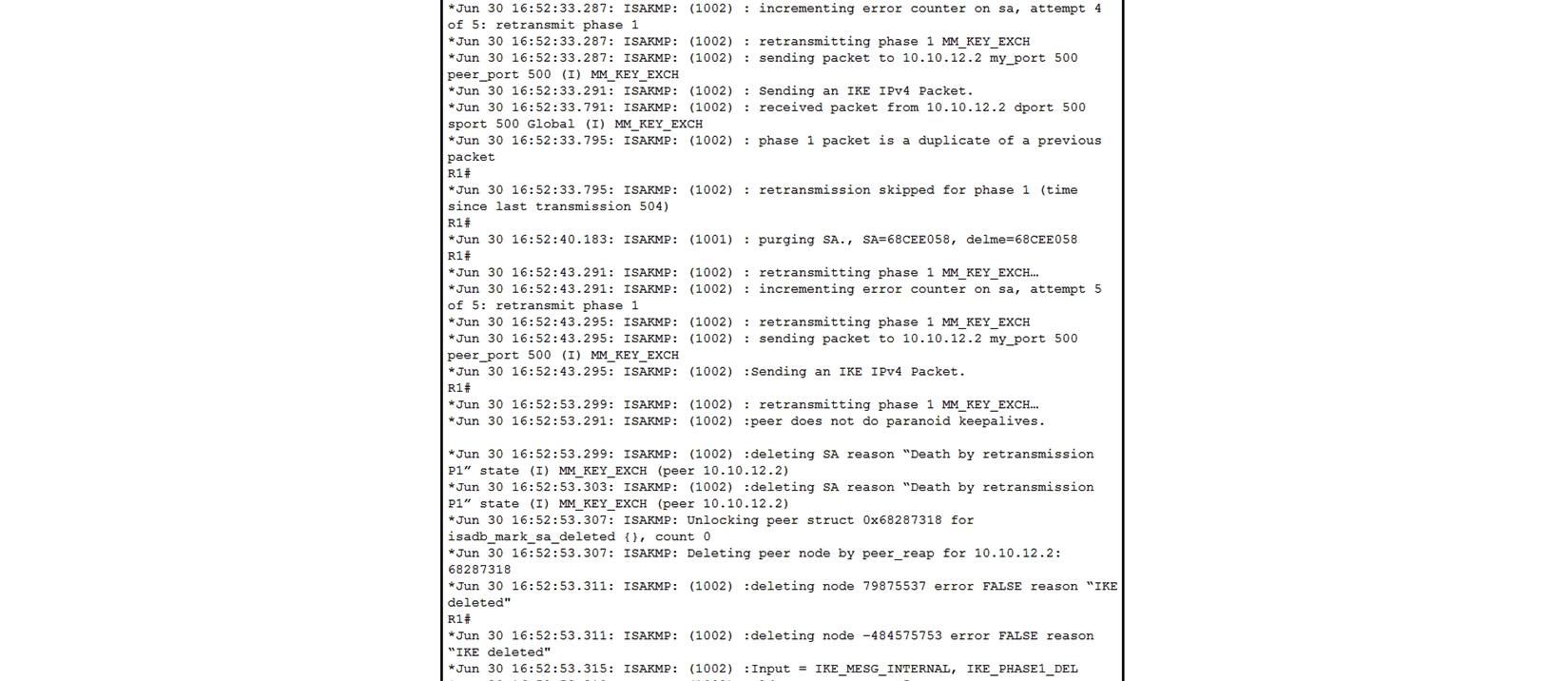 Refer to the exhibit. A network administrator configured a site-to-site VPN tunnel between two Cisco IOS routers, and hosts are unable to communicate between two sites of VPN. The network administrator runs the debug crypto isakmp sa command to track VPN status. What is the problem according to this command output?